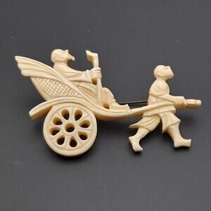 Vintage Carved Celluloid Rickshaw Brooch, Asian Scene Pin, 3 Inches